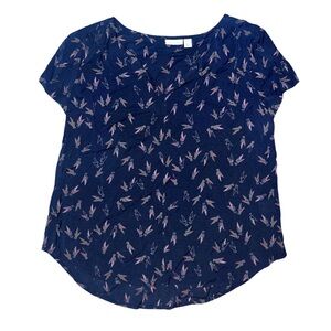 Hinge Navy V-Neck Bird Anthropology Med Blouse